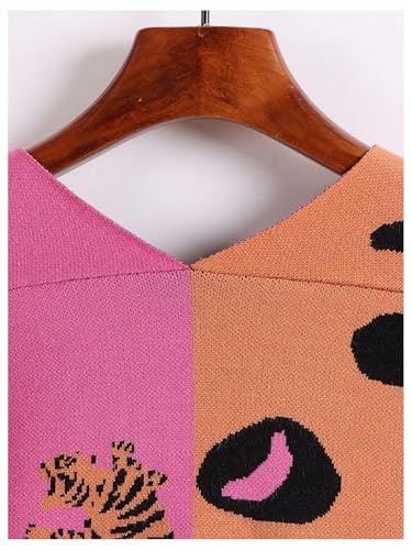 SHENHE Women's Color Block Button Down Animal Print Cardigan V Neck Leopard Sweater Coat4