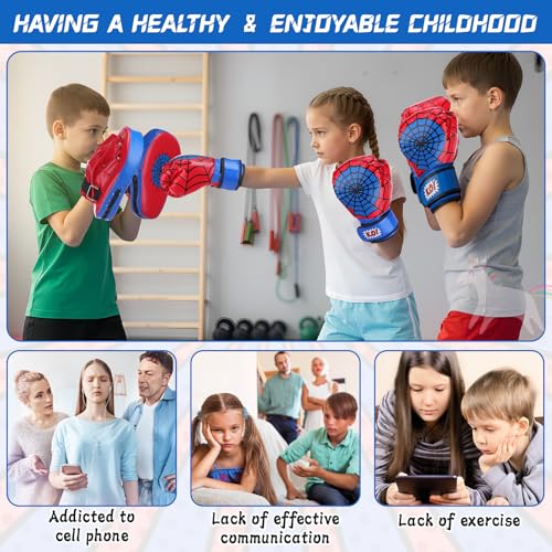 Motionchic Boxing Gloves and Punching Mitts Set 4oz Red Spider Gloves Boxing Pads Kids Youth Sparring Gear Training Equipment for Taekwondo Kick Karate Muay Thai MMA Martial Art