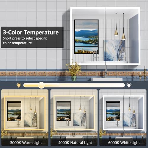 ACEMIRO 36"×30" Lighted Medicine Cabinet with Mirror, Surface or Recessed Bathroom Mirror Medicine Cabinet with Clock & Temp Display, Defogger, Dimming, Built-in Outlet & USB Ports, Double Door by ACEMIRO - Image 3