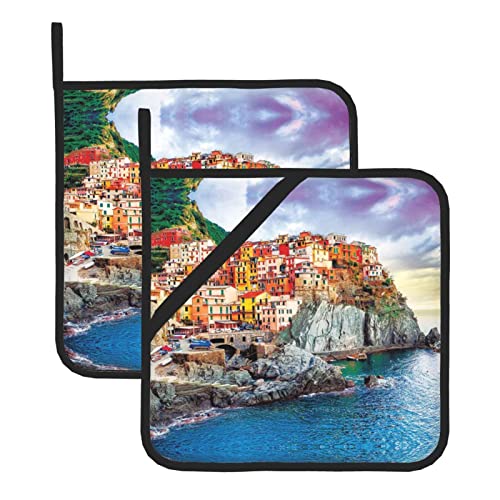 Cinque Terre Scenery Pot Holders For Kitchen Oven Set 2 Piece Machine Washable Heat Resistant Potholders Hot Pads Non Slip For Cooking And Baking #TOP3