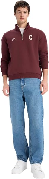DeFacto Boxy Fit Dik Yaka Fermuarlı Baskılı Sweatshirt