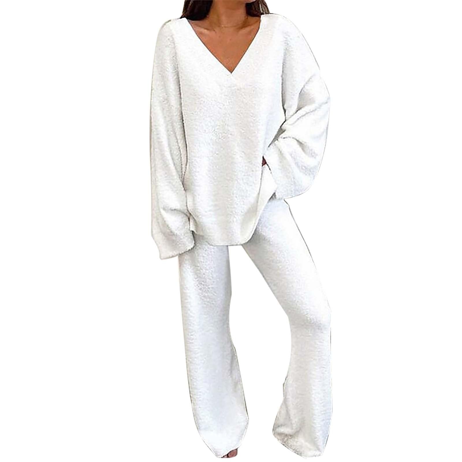 Fuzzy Plush Pajama Sets for Women 2Pc Outfits Knit Top Wide Leg Pants Comfy Loungewear Sets Fall Fashion Warm Sleepwear