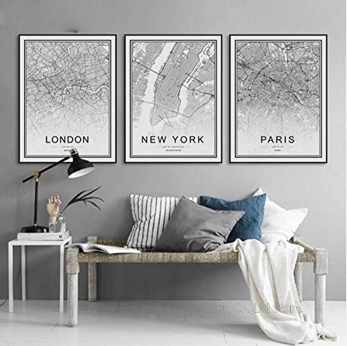 SHINERING Mappa della Città del Mondo Parigi Londra New York Poster Stile Nordico Bianco e Nero Soggiorno Immagine di Arte della Parete Home Decor Canvas Painting No Frame
