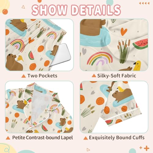 senya Cute Capybara with Birds Satin Summer Pajama Sets Silk Short Sleeve Button Down Sleepwear3
