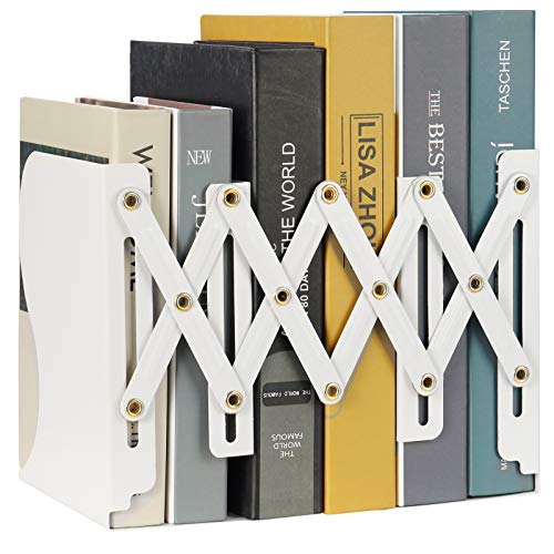 Dolwis Adjustable Metal Iron Bookends Books Holder Stand Desk Bookend , Bookend Supports, Nonskid Bookends For Shelves, Office And Home, White #TOP4