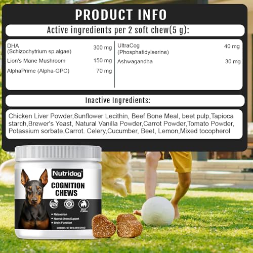 Image of Senior Dog Cognition Chews 120 Count - DHA, Phosphatidylserine | Organic Lion's Mane for Brain Health, Memory & Cognitive Decline Support, with Alpha-GPC & Ashwagandha, Beef Flavor