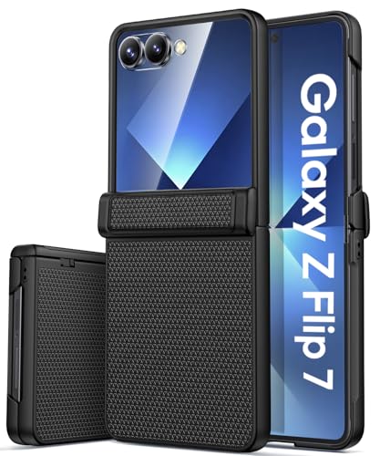 Vihibii for Samsung Galaxy Z Flip 7 Case with Rugged Hinge Protection & Outer Screen Protector & Non-Slip Texture, Slim Shockproof Protective Cover Phone Case for Samsung Galaxy Z Flip 7 2025, Black