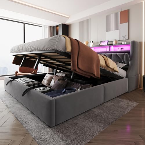 Sapgaks Cama de 180 x 200 cm con LED y USB, cama tapizada de 180 x 200 cm con cabecero plegable y espacio de almacenamiento, cama doble con somier, cama de almacenamiento, cama juvenil hidráulica