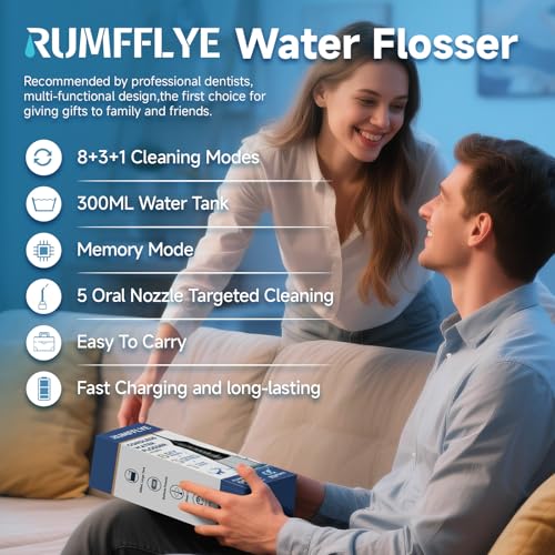 RUMFFLYE Irrigador Dental Portátil Irrigador Bucal Inalámbrico Profesional Water Flosser 12 Modos 5 Boquillas Irrigador eléctrico oral IPX7 Impermeable 300ML USB Recargable Para Casa y de Viaje(Negro) - imagen 9