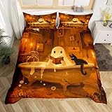 Funny Ghost Duvet Cover Toddler Size Halloween Cartoon Ghost Comforter Cover for Teens Adults Kids Cute Animal Cat Bedding Set Vintage Bathtub Breathable 2 Pcs Decorative Bed Cover(No Comforter)