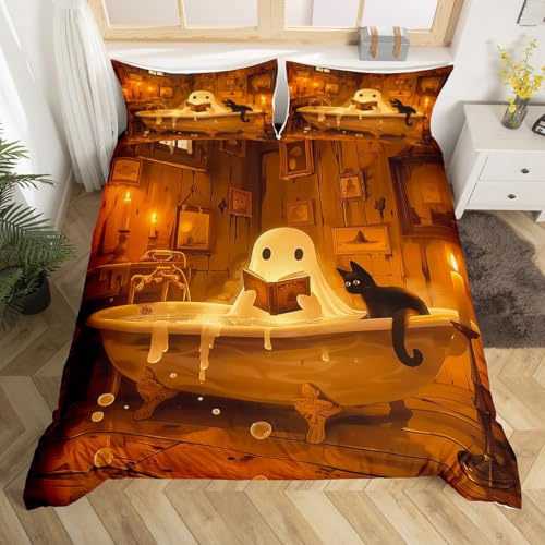 Funny Ghost Duvet Cover Toddler Size Halloween Cartoon Ghost Comforter Cover for Teens Adults Kids Cute Animal Cat Bedding Set Vintage Bathtub Breathable 2 Pcs Decorative Bed Cover(No Comforter)