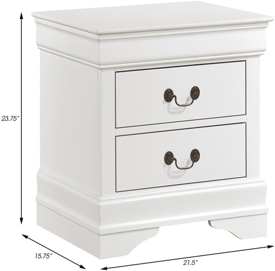Pemberly Row Traditional 2-Drawer Wood Nightstand, White Finish, 23.75" H x 21.5" W x 15.75" D, Antique Brass Hardware, Engineered Wood Construction, Bedroom Storage Furniture