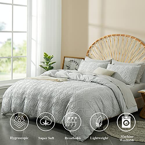 Bedazzled Duvet Cover King Size, 3 Pieces Tufted Comforter Cover Set, Soft And Embroidery Shabby Chic Boho Bedding Sets For All Seasons, Light Grey #TOP1
