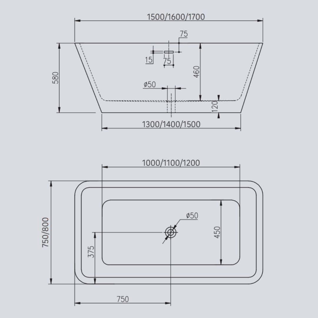 Vasca Da Bagno Free Standing 003 Acrilico Bianco Lucido Rettangolare