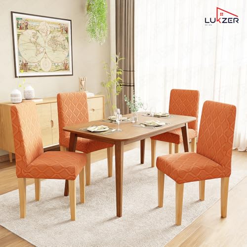 Image of Lukzer Elastic Dining Chair Cover - 6PC Pastel Orange Diamond | Textured High Stretch Jacquard Seat Cover | Removable Washable Short Dining Chair Cover Protector Seat Slipcover | (CC-155-06)
