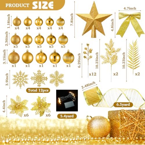 Poen 108 Pcs Christmas Tree Ornament Set Including Xmas Tree Ball Glitter Poinsettia Bows Berries Stems Leaves Snowflakes Ribbon Lights for Christmas Decoration(Gold) by Poen - Image 2