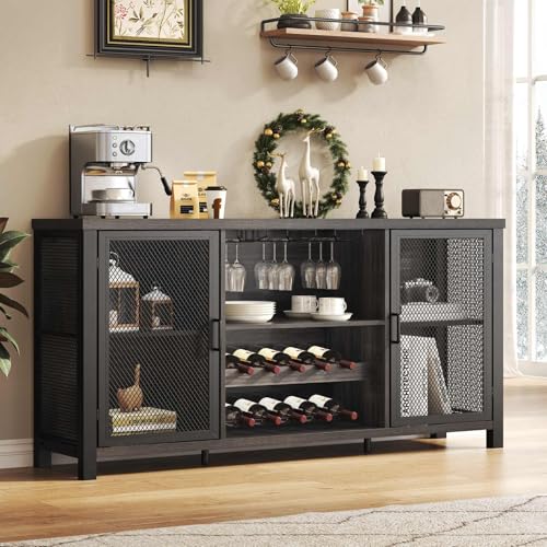 Launica Liquor Bar Cabinet, Industrial Wine Cabinet, Rustic Sideboard Buffet Cabinet for Liquor and...