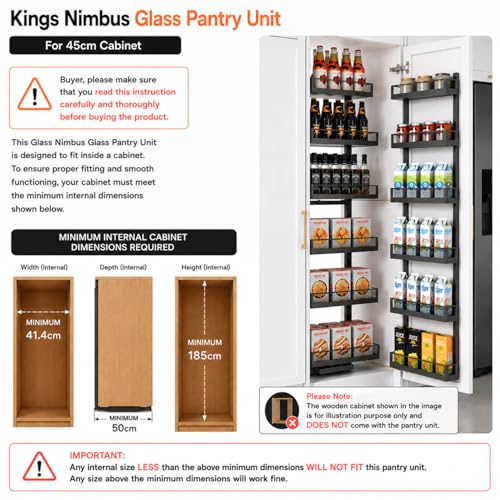 Image of KINGS Nimbus Glass Kitchen Pantry Unit for 450mm (45cm) Width Cabinet | 12 Basket Modular Kitchen Storage with 6 Layer Design | 60 kg Load Capacity, Strong Glass, Adjustable Basket Heights - Dark Grey