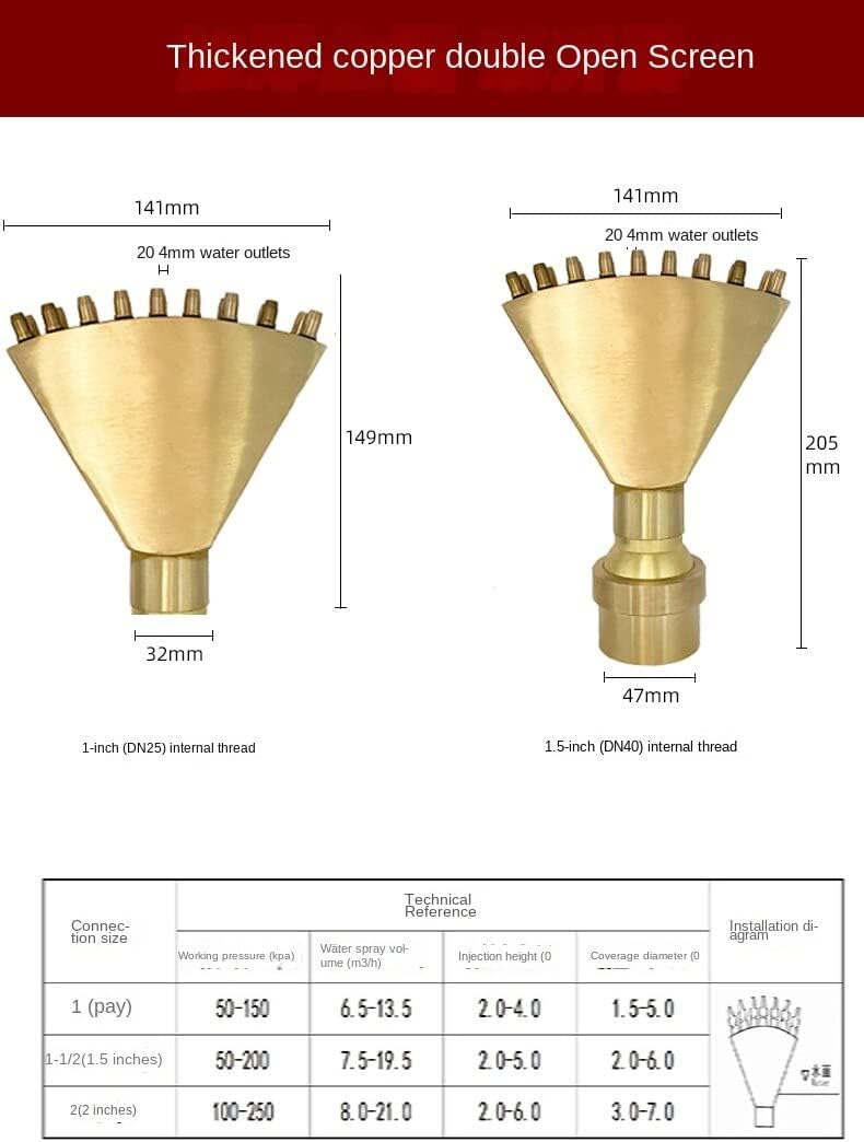 3/4" 1" 1.5" 2" Brass and SS304 Fountain Nozzle Stainless Steel Fan-Shaped Water Landscape Fountain Head Garden Water Fountains and Ponds (1.5-inch Copper Double-Screen Nozzle)