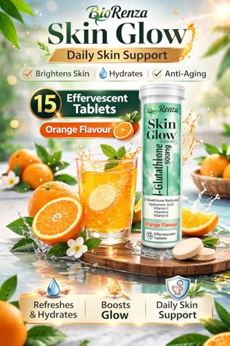 Image of Bio Renza Skin Glow L-Glutathione 600mg Effervescent Tablets | Vitamin C, Hyaluronic Acid, Vitamin E & A | Skin Brightening & Detox Support | Orange Flavour | 15 Tablets (Pack of 6)