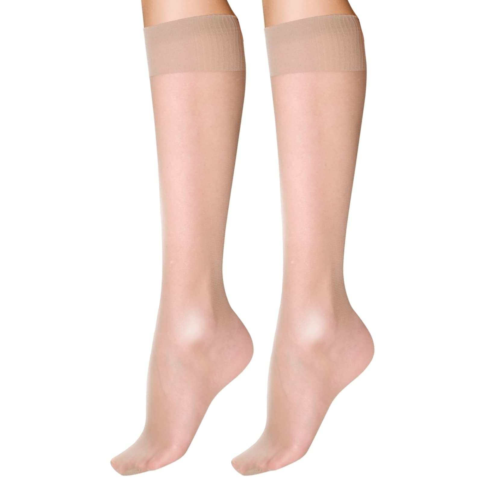2 Pairs Natural Tan Knee Highs 20 Denier Smooth Knit Casual Knee High Pop Socks with Comfort Top Tights