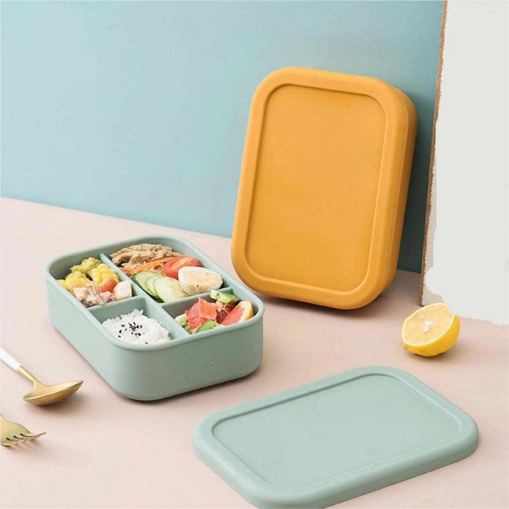 Frischhaltedosen Silikon-Vierfach-Crisper-Mikrowellen-Heizbox-Fach-Aufbewahrungsbox, Lange Box mit Deckel Organizer Kühlschrank (Color : Green, Size : F)
