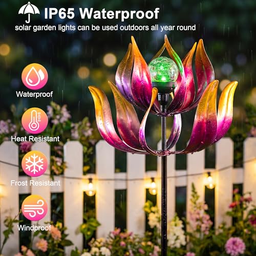Image of Solar Wind Spinners Outdoor for Yard and Garden, 61'' Lotus Kinetic Wind Sculptures with Color Changing LED Crackle Glass Globe, Metal Yard Art Decor for Patio Lawn, Garden Gifts for Women /Mother