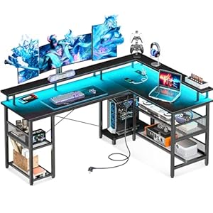 ODK L Shaped Gaming Desk with Power Outlet and LED Lights, PC Gaming Table with USB Ports, Reversible L Shape Desk with Storage Shelves & Monitor Stand, Home Office Desk (Black, 168×120cm)