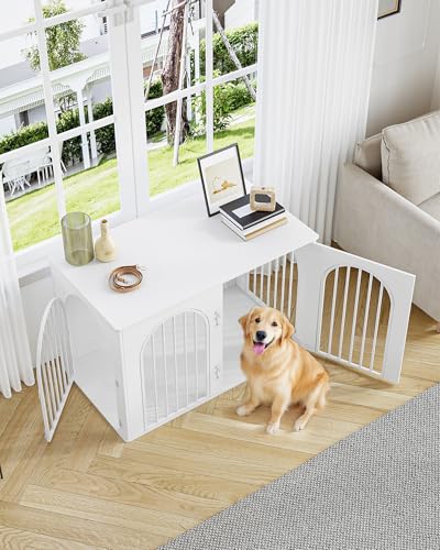 Hzuaneri Hundekäfig Möbel, 108 cm Hundebox für Zuhause, 3 Türen, Bogentür, Moderne Hundebox Indoor für Hunde, Beistelltisch, Hundekäfig Hochbelastbar, 108 x 64 x 76 cm, Weiß DFC86013W