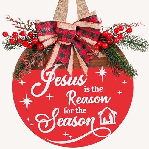 Christmas Wreaths Door Sign Jesus is The Reason for The Season Sign, Rustic Wooden Religious