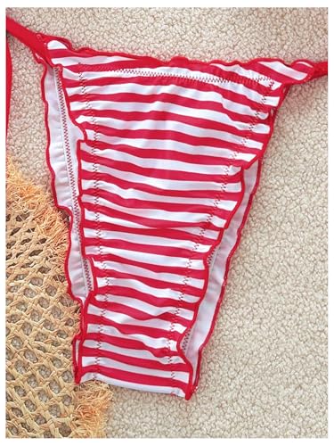 Verdusa Women's 2 Piece Colorblock Halter Triangle Bikini Sets Cherry Striped Ruffle Tie Back Holiday Swimsuit4