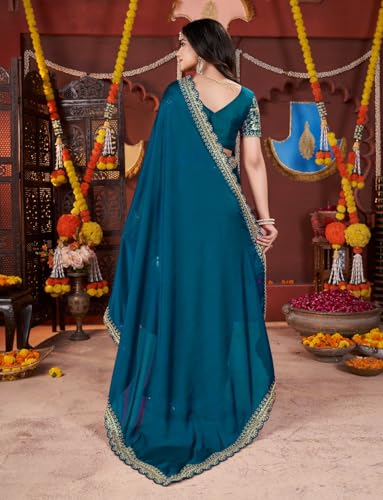 Image of DHARMEE Women's Elegant Designer Sarees Premium Rangoli Fabric with Embellished Border, Lightweight and Stylish Ethnic Wear - Perfect for Parties, Weddings, and Festive Occasions..
