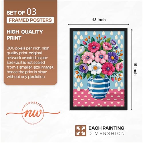 Image of NoWorries Modern Cat Illustration Wall Art Framed Painting Set of 3 | Minimalist Woman Portrait Prints with Frame | Colorful Floral Vase Artwork | Boho Scandinavian Home Decor Wall Frames for Living Room, Bedroom and Office Wall Gallery (Ready to Hang) (Art-12, 13x19inch, Wooden)