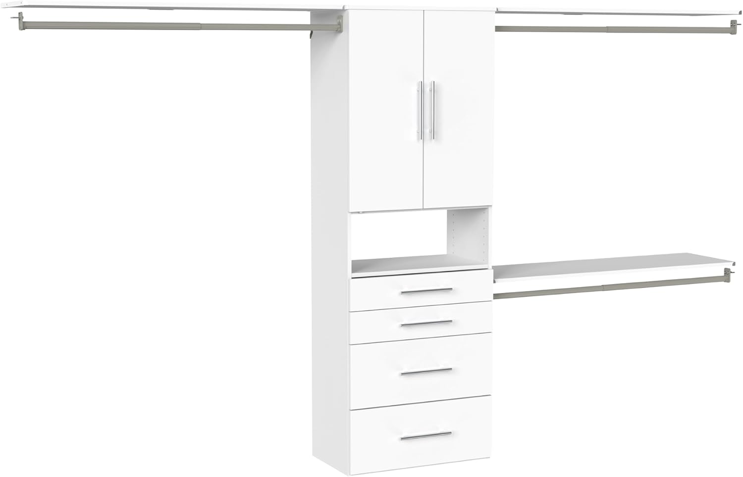 ClosetMaid SuiteSymphony Modern Hanging Closet Kit Includes (1) Tower, (3) Closet Rods, (4) Shelves, (3) Top Shelves w/Brackets, and (4) Drawers, White