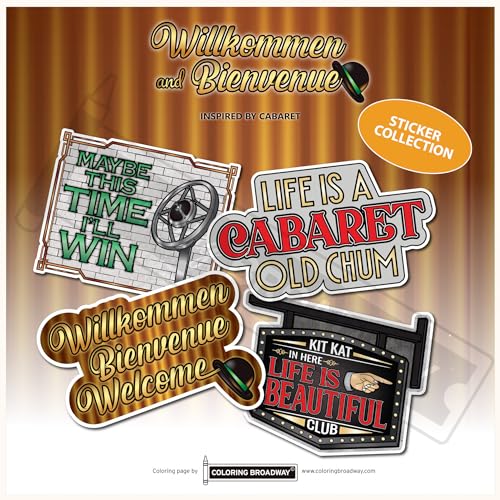 The Coloring Project - Coloring Broadway - Willkommen and Bienvenue Musical Inspired by Cabaret Broadway Theater Stickers, Musical Merchandise, Die-Cut & Bubble Free Vinyl Stickers (3" x 3" - Set of 4)