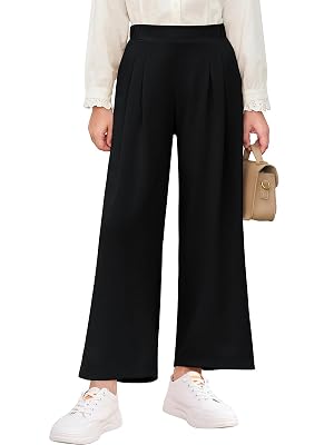 Haloumoning Girls High Waisted Uniform Pants Kids Wide Leg Dress Pants Casual Trousers with Pockets 5-14 Years