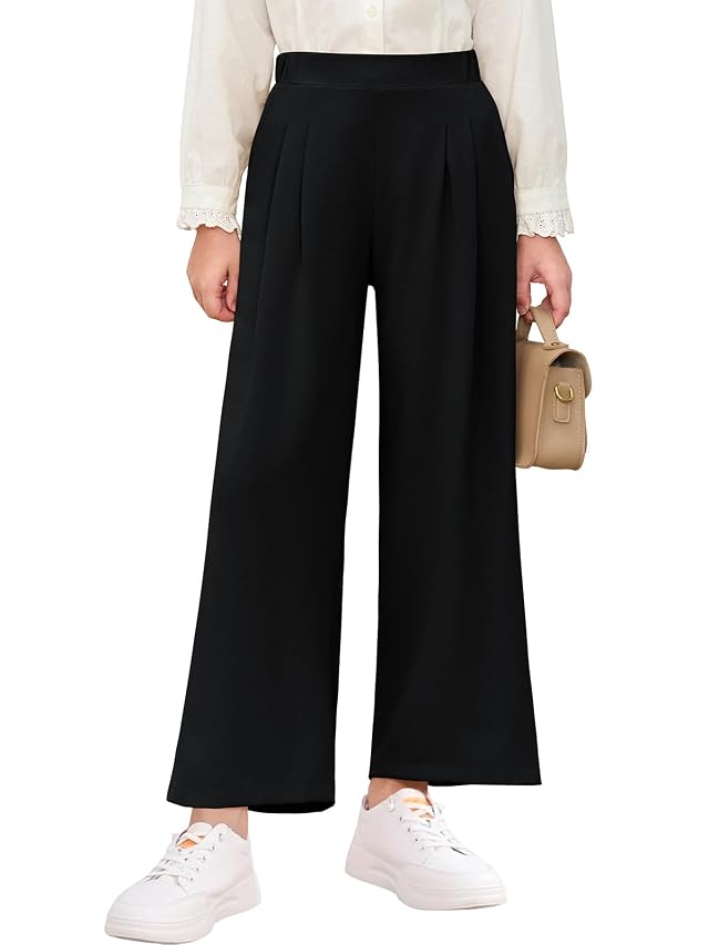 Haloumoning Girls High Waisted Uniform Pants Kids Wide Leg Dress Pants Casual Trousers with Pockets 5-14 Years