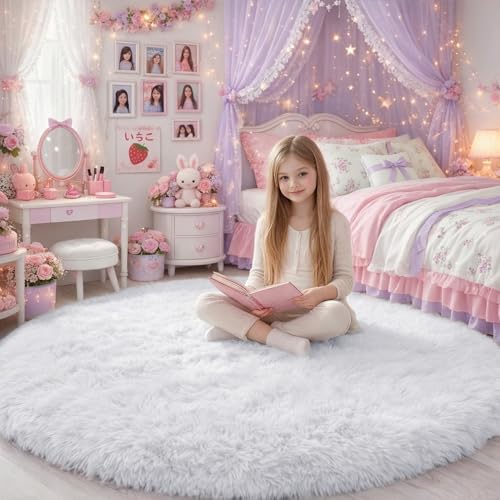 Image of Round Rugs 5Ft White Circle Area Rug, Fluffy Fuzzy Bedroom Carpets for Kids Playroom Home Decor Aesthetic, Plush Soft Shaggy Living Room Rugs for Nursery Dorm Classroom, Modern Cute Shag Furry Carpet