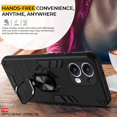 Image of AESTMO Oppo Reno 13 Pro 5G Back Case Cover | Tough Armor Bumper | Ring Holder & Kickstand in-Built | 360 Degree Protection Cover for Oppo Reno 13 Pro 5G (Black)