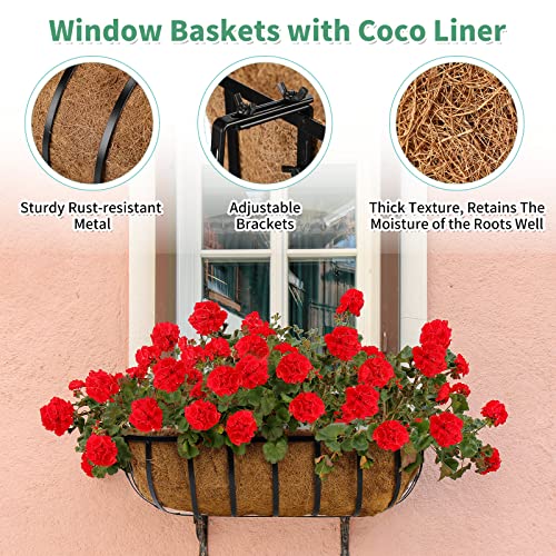 6 Pieces 24 Inch Window Baskets With Coconut Liner Window Deck Planters Boxes Railing Planter Metal Black Hanging Flower Planter Window Basket For Indoor Outdoor Lawn #TOP3