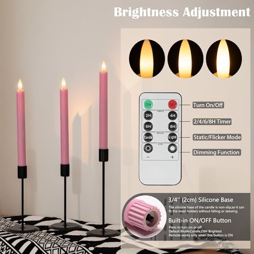 Image of Pink Flameless Taper Candles with Remote, Real Wax Battery Operated LED Candles with 3D Flickering Flame, 9.6 inch Realistic Dripless Candlesticks for Valentine's Day Decor, Proposal Wedding, 3 Pack