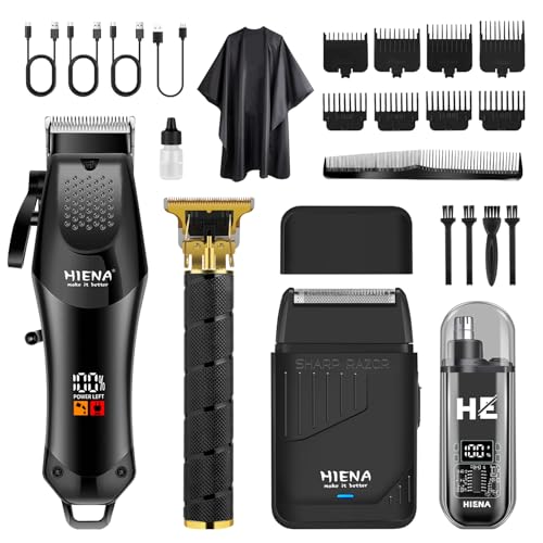 HIENA PRO Professional Hair Clipper Set for Men Cordless Barber Trimmer and Electric Foil Shaver Nose Hair Trimmer Hair Cutting Kit R-Type Adjustable Blade LED Display USB Charging