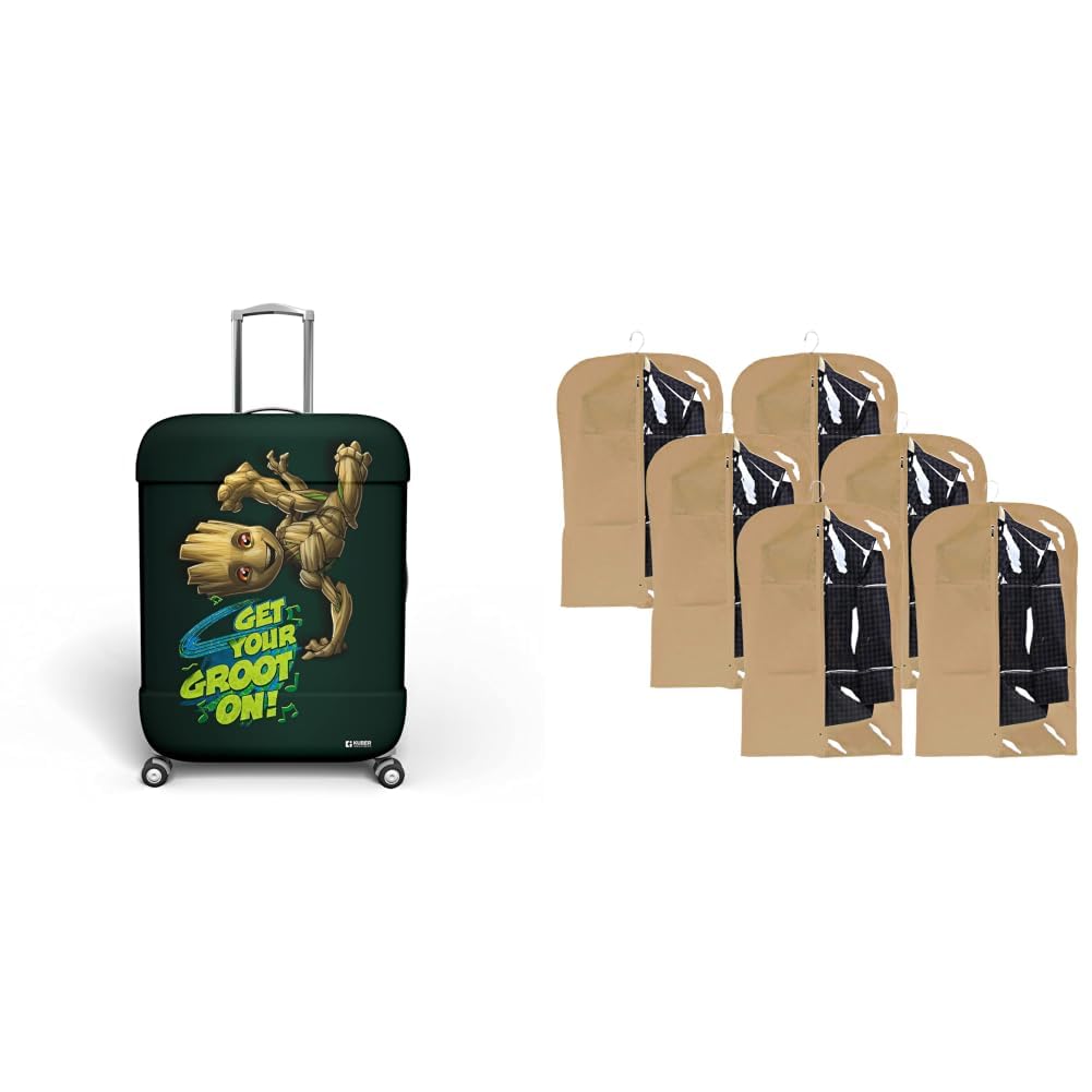 marvel i am groot luggage cover | polyester travel suitcase cover | washable | + half transparent 6 pieces non woven men's coat blazer cover (brown) - ctktc30921