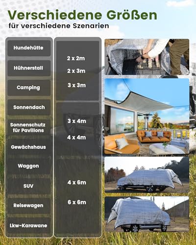 Ezcasch Schattennetz Auto für Hunde 2x3m, 85% Aluminium Schattierungsnetz als UV-und Sonnenschutz, Geeignet für Outdoor, inkl. Elastische Kordel, 5m Nylonseil, Nägel