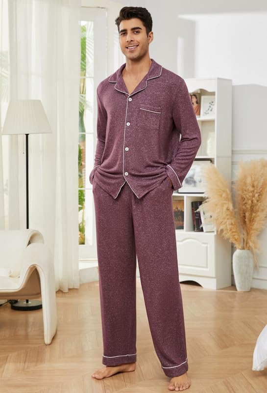 Vulcanodon Mens Pajama Set Ultra Soft Stretch Long Sleeve Lounge Pjs Button-Down lightweight & Warm Sleepwear2