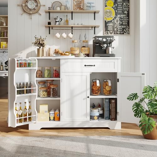 Image of Gizoon Kitchen Coffee Bar Cabinet with Storage Kitchen Sideboard Buffet Cabinet with Drawers, Short Pantry with Door and Shelves for Bathroom and Living Room, White