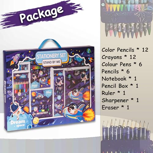 Image of WISHKEY 41 Pieces Space Theme All-in-One Stationery Set Stationery Items with Pencil Box Notebook Scale Eraser Sharpener Crayons Color Pencils Color Pens Pencils Return Gift for Birthday Kids Blue 6+
