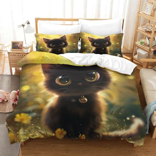Housse de couette 220x240 chat mignon avec fermeture éclair