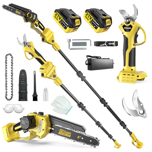 8 Pouces Mini Tronconneuse avec Perche & Secateur Electrique, 4-en-1 Ensemble d’Outils de Jardin avec 2 * 4000 mAh Batteries, Moteur Brushless, Portée...