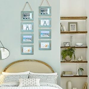 DLQuarts 5×7 Hanging Collage Picture Frames Wall Decor 4 Opening 5×7 Matted to 35×5 Photo Rustic Wood Frame with Hemp Rope 2 Pack Ocean Blue